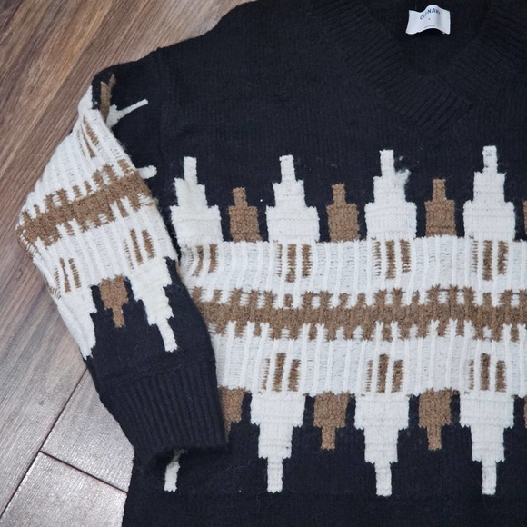 Old‎ Navy Black & Earth Tone Fair Isle Oversized V Neck Sweater Size M - Picture 3 of 7